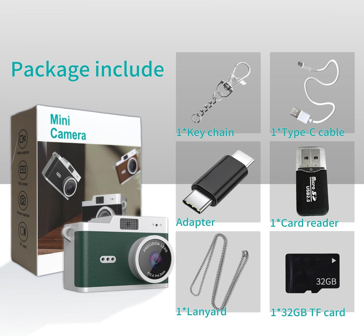 Keychain Digital Camera,Mini Digital Camera with 32GB Card,Video Recording,Bag Charms,Compact Micro Thumb Camera,Photography Cameras for Beginners Teens and Adults (Green)