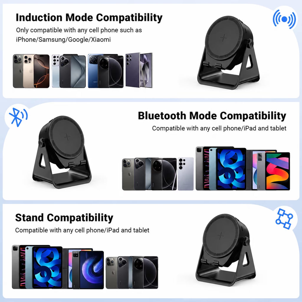 Wireless Induction Speaker Phone Stand, Portable Audio Amplifier with RGB Lights, Cool Tech Gadget Gift for Men & Office Desk - Black