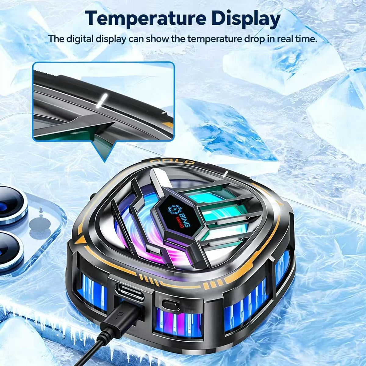 Magnetic Cell Phone Cooler, RGB Phone Cooling Fan Portable Lightweight Mobile Phone Cooling Fan, Phone Radiator with Larger Cooling Area for Phone/Tablet/Ipad (With Digital Displays)