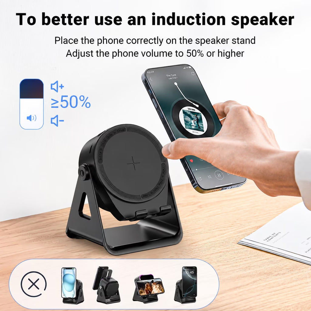 Wireless Induction Speaker Phone Stand, Portable Audio Amplifier with RGB Lights, Cool Tech Gadget Gift for Men & Office Desk - Black