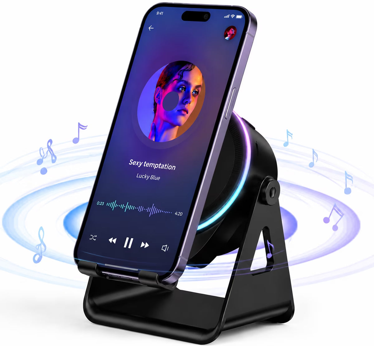 Wireless Induction Speaker Phone Stand, Portable Audio Amplifier with RGB Lights, Cool Tech Gadget Gift for Men & Office Desk - Black