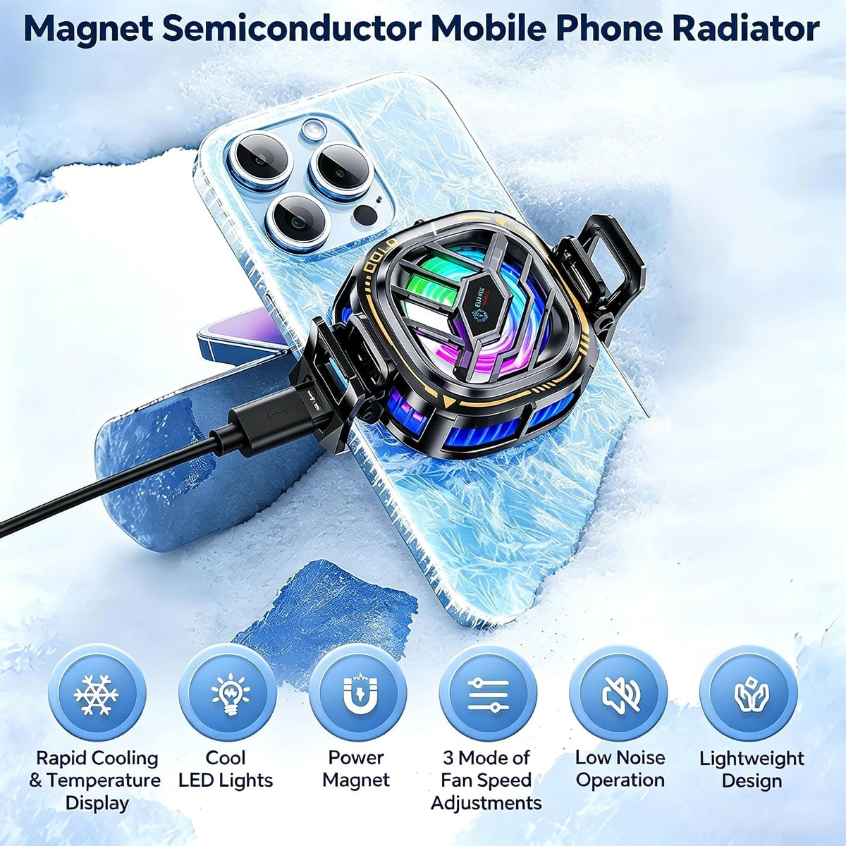 Magnetic Cell Phone Cooler, RGB Phone Cooling Fan Portable Lightweight Mobile Phone Cooling Fan, Phone Radiator with Larger Cooling Area for Phone/Tablet/Ipad (With Digital Displays)