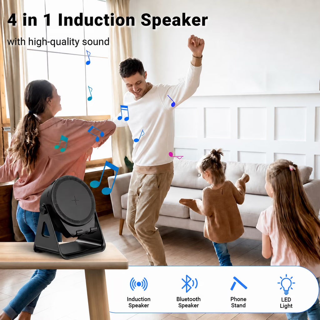 Wireless Induction Speaker Phone Stand, Portable Audio Amplifier with RGB Lights, Cool Tech Gadget Gift for Men & Office Desk - Black