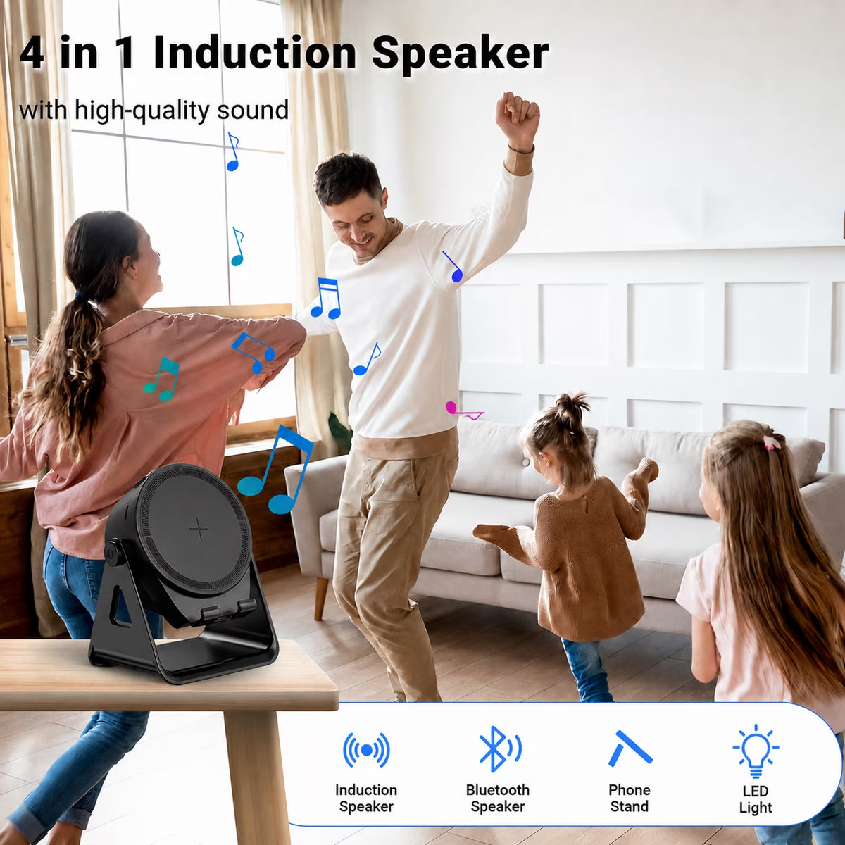 Wireless Induction Speaker Phone Stand, Portable Audio Amplifier with RGB Lights, Cool Tech Gadget Gift for Men & Office Desk - Black