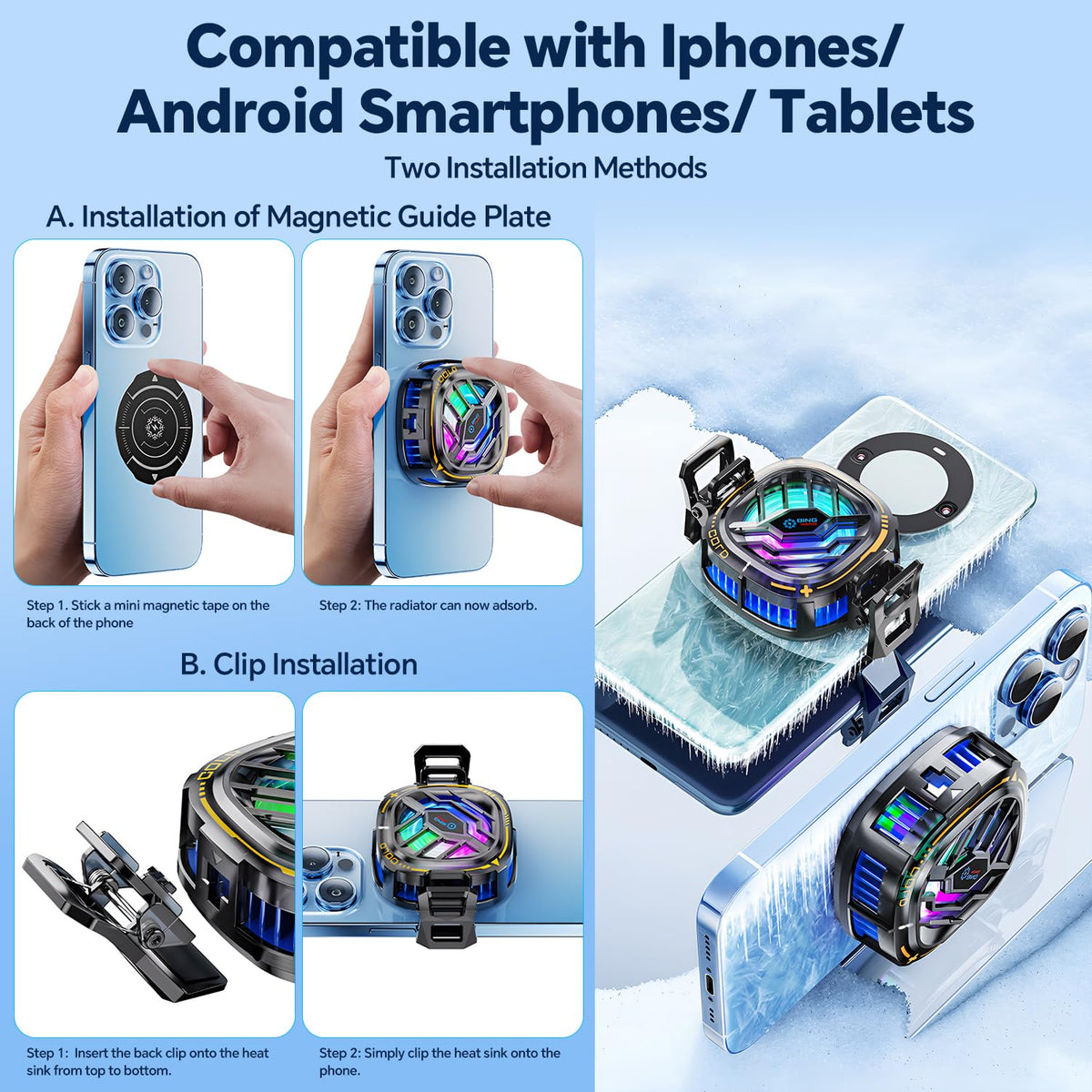 Magnetic Cell Phone Cooler, RGB Phone Cooling Fan Portable Lightweight Mobile Phone Cooling Fan, Phone Radiator with Larger Cooling Area for Phone/Tablet/Ipad (With Digital Displays)