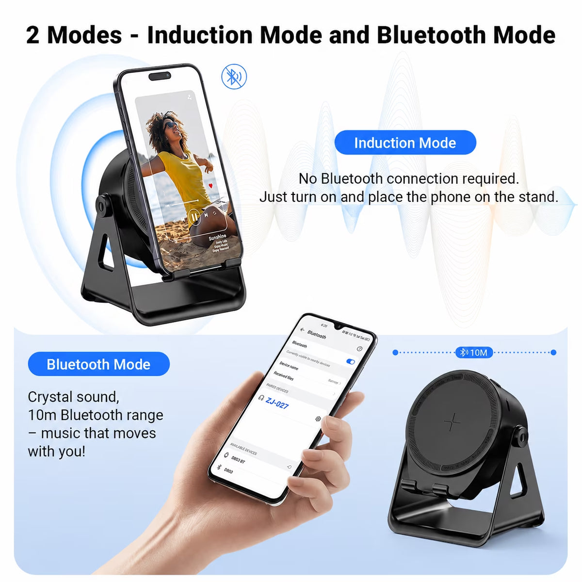 Wireless Induction Speaker Phone Stand, Portable Audio Amplifier with RGB Lights, Cool Tech Gadget Gift for Men & Office Desk - Black