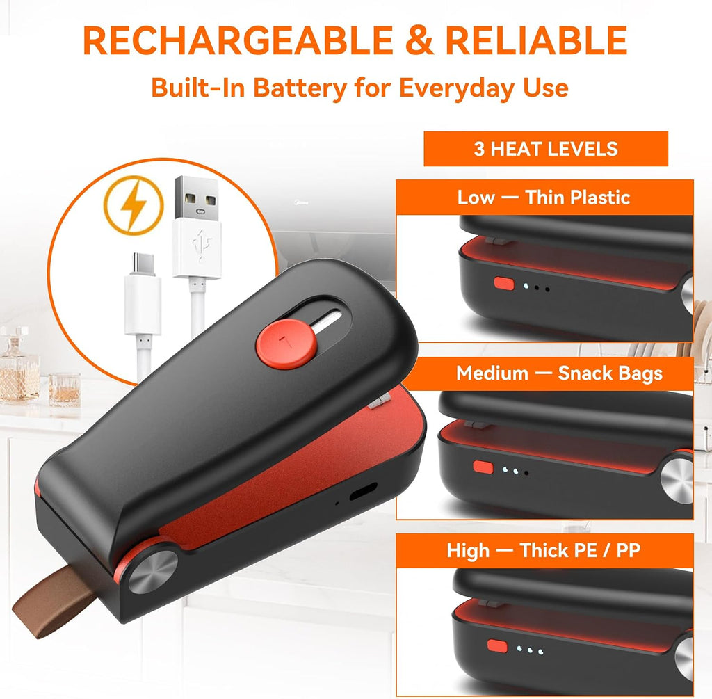 Mini Bag Sealer, Upgraded USB Rechargeable 3 Heat Levels Chip Bag Sealer Black